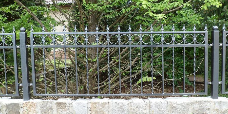 Fragment ogrodzenia metalowego z okrągłymi zdobieniami w górnej części, wspartego na niskim, kamiennym murku, z zielenią w tle.