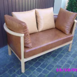 Dwuosobowa kanapa z jasnego drewna i brązowej skóry ekologicznej, uzupełniona beżowymi poduszkami, sfotografowana na tle brązowego ogrodzenia i kostki brukowej.