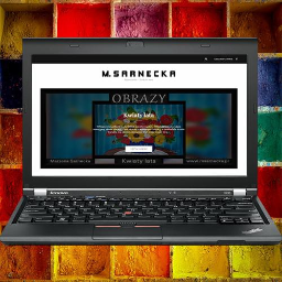 Sarnetski - Laptop Lenovo X230 wyświetlający stronę internetową msarnecka.pl z galerią obrazów 'Kwiaty lata' na tle mozaiki z kolorowych kwadratów.