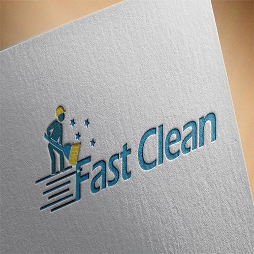 Logo firmy sprzątającej Fast Clean, przedstawiające stylizowaną postać z mopem i gwiazdkami na teksturowanym tle.