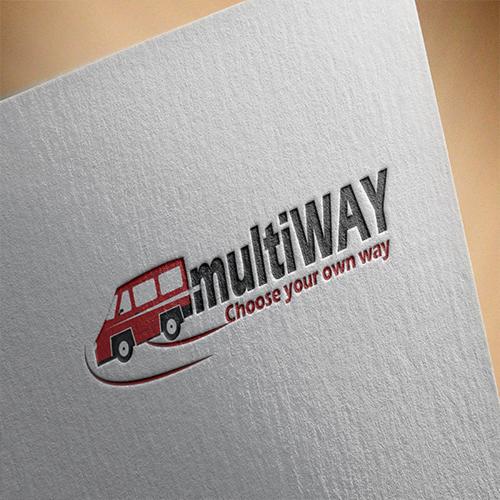 Logo firmy MultiWay z czerwonym wizerunkiem vana na teksturowanym, jasnoszarym tle.