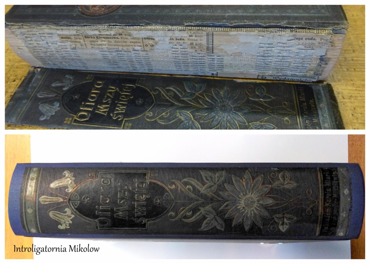 Dwa ujęcia starej książki 'Ofiara Mszy Świętej' przed i po renowacji. Górne zdjęcie ukazuje zniszczony grzbiet i pożółkłe, uszkodzone kartki. Dolne zdjęcie prezentuje odnowiony grzbiet w ciemnej...