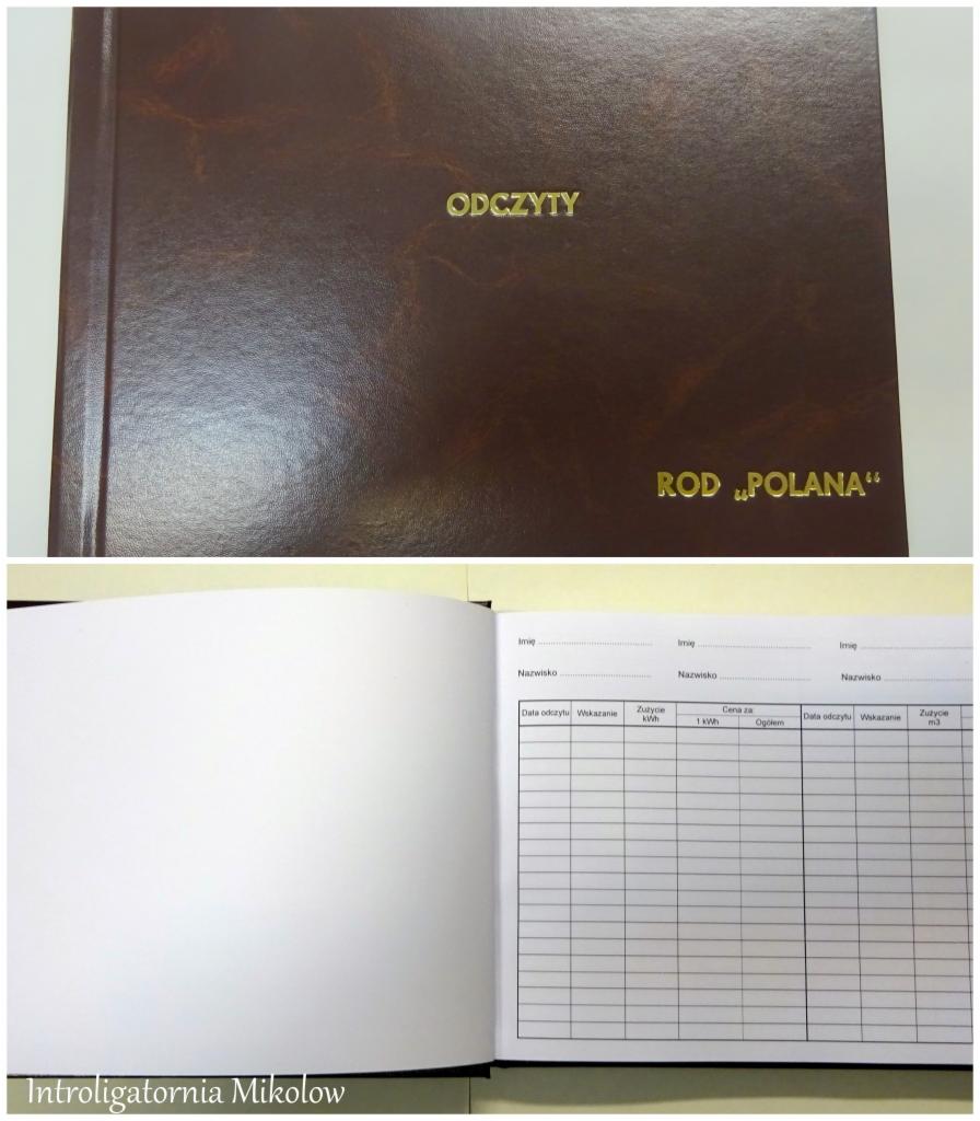 Brązowy, oprawiony zeszyt z napisem 'ODCZYTY' i 'ROD POLANA' w kolorze złotym, otwarty na stronie z tabelą do wpisywania danych odczytów (np. zużycie kWh, m3).