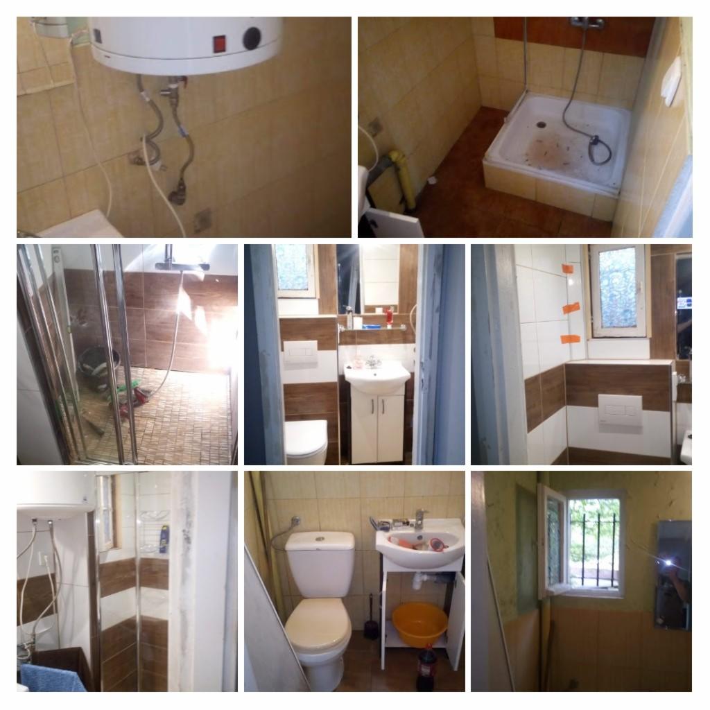 Zestaw zdjęć ukazujących wnętrze łazienki w trakcie lub po remoncie, z widocznym bojlerem, kabiną prysznicową, umywalką na szafce, toaletą i oknem, gdzie niektóre elementy są jeszcze nieukończone...