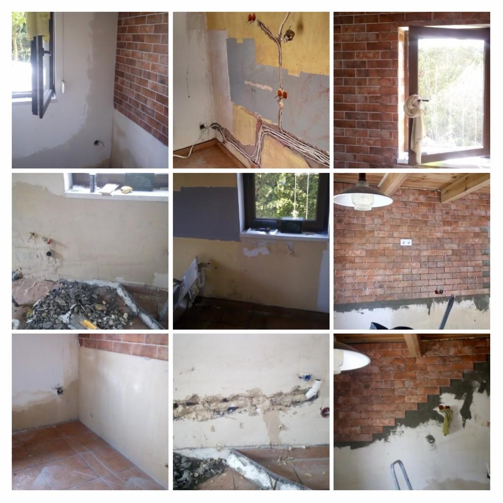 Kompozycja zdjęć przedstawiająca różne etapy prac remontowych: od przygotowania ścian, przez instalację elektryczną, po częściowo wykończone ściany z cegły.