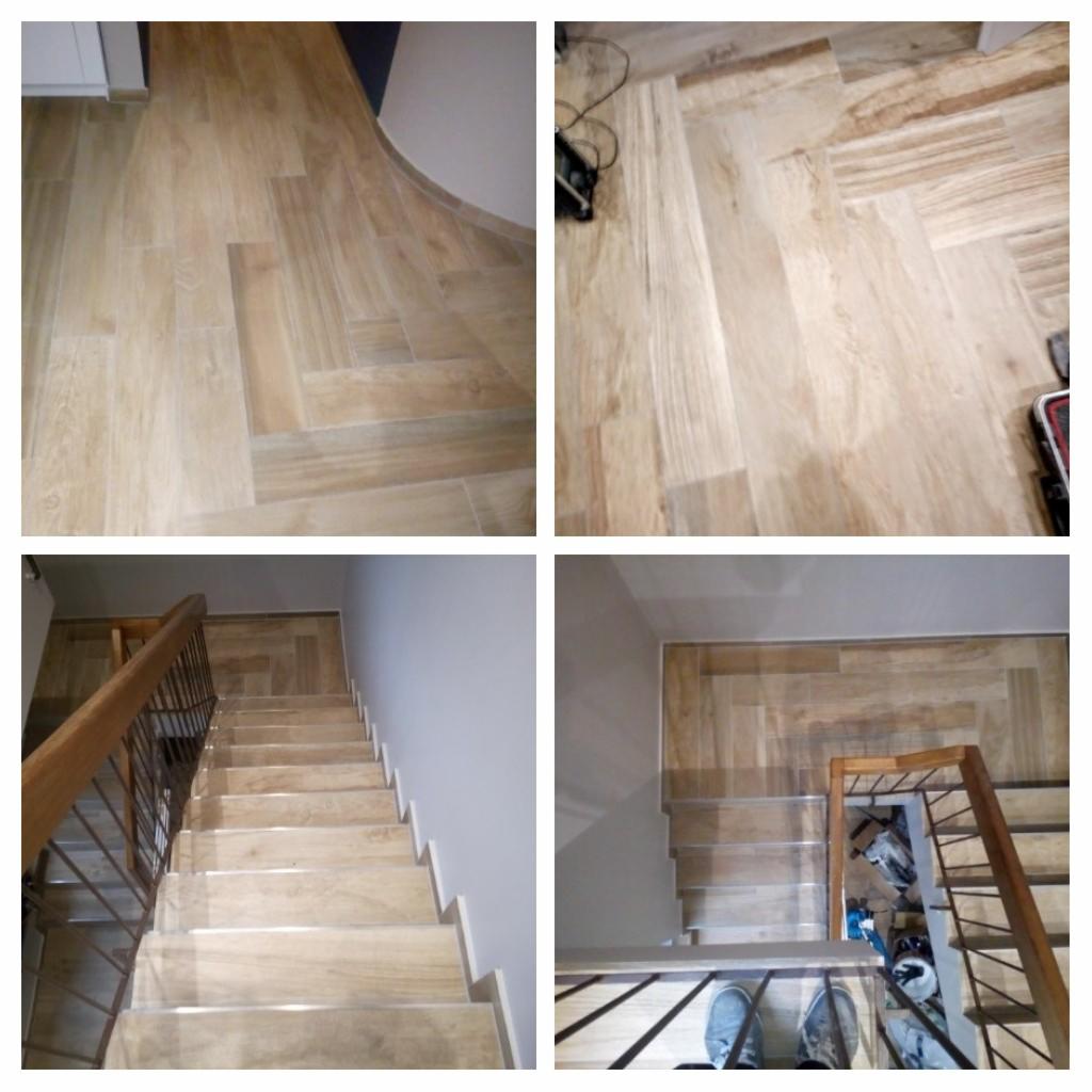 Cztery ujęcia układania płytek imitujących drewno na podłodze i schodach, widoczne narzędzia i fragmenty obuwia.