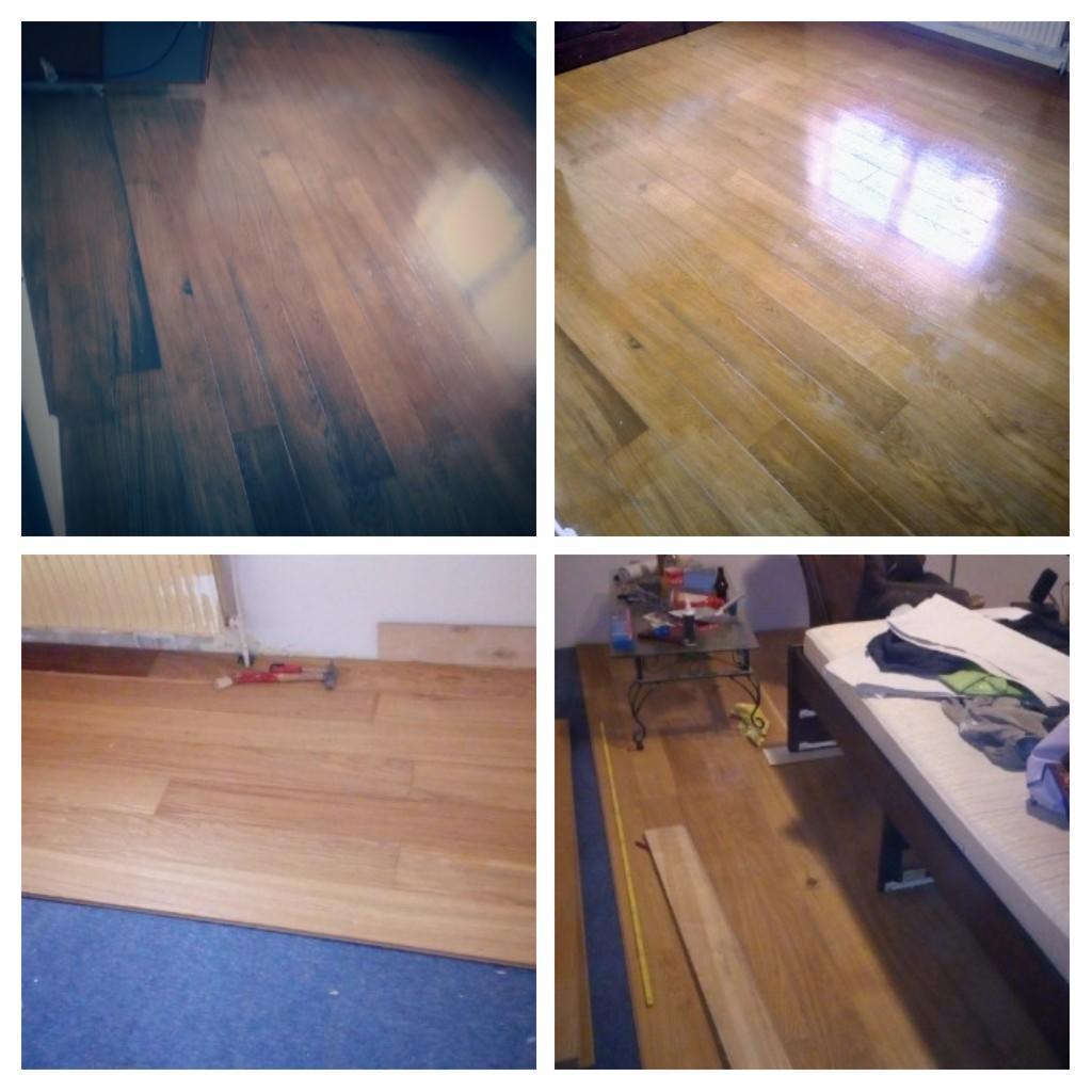 Cztery kadry: polerowana drewniana podłoga z widocznym odbiciem okna, fragment podłogi w trakcie montażu przy niebieskiej wykładzinie, podłoga z widocznym stołem i narzędziami oraz fragment gotowej...