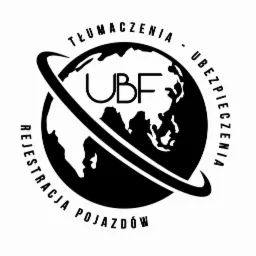 Czarno-białe logo firmy UBF z motywem globu, otoczonego orbitą, z napisami: Tłumaczenia, Ubezpieczenia, Rejestracja Pojazdów.