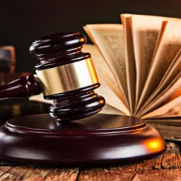 Drewniany młotek sędziowski na podstawie, obok otwartej starej książki na drewnianym stole, w tle stos starych książek w skórzanych oprawach.