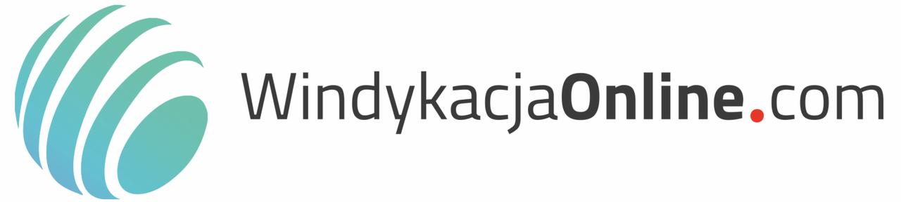 Logo firmy z nazwą WindykacjaOnline.com, obok nazwy znajduje się grafika w kształcie kuli z jasnymi, zielono-niebieskimi paskami.