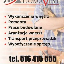 Reklama firmy budowlanej Domavest z ofertą wykończenia wnętrz, remontów, prac budowlanych, aranżacji wnętrz, transportu i wypożyczania sprzętu, prezentowana na tle muru z cegły i częściowo...