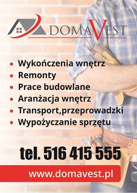 Reklama firmy budowlanej Domavest z ofertą wykończenia wnętrz, remontów, prac budowlanych, aranżacji wnętrz, transportu i wypożyczania sprzętu, prezentowana na tle muru z cegły i częściowo...