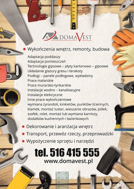 Ulotka reklamowa firmy budowlanej z narzędziami w tle, oferującej szeroki zakres usług remontowych i wykończeniowych, w tym adaptacje, prace malarskie, instalacje i transport.