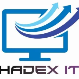 Logo firmy HADEX IT z Bliznego przedstawiające stylizowany monitor z trzema strzałkami skierowanymi w górę, w odcieniach niebieskiego.