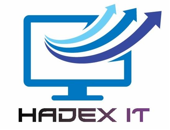 Logo firmy HADEX IT z Bliznego przedstawiające stylizowany monitor z trzema strzałkami skierowanymi w górę, w odcieniach niebieskiego.