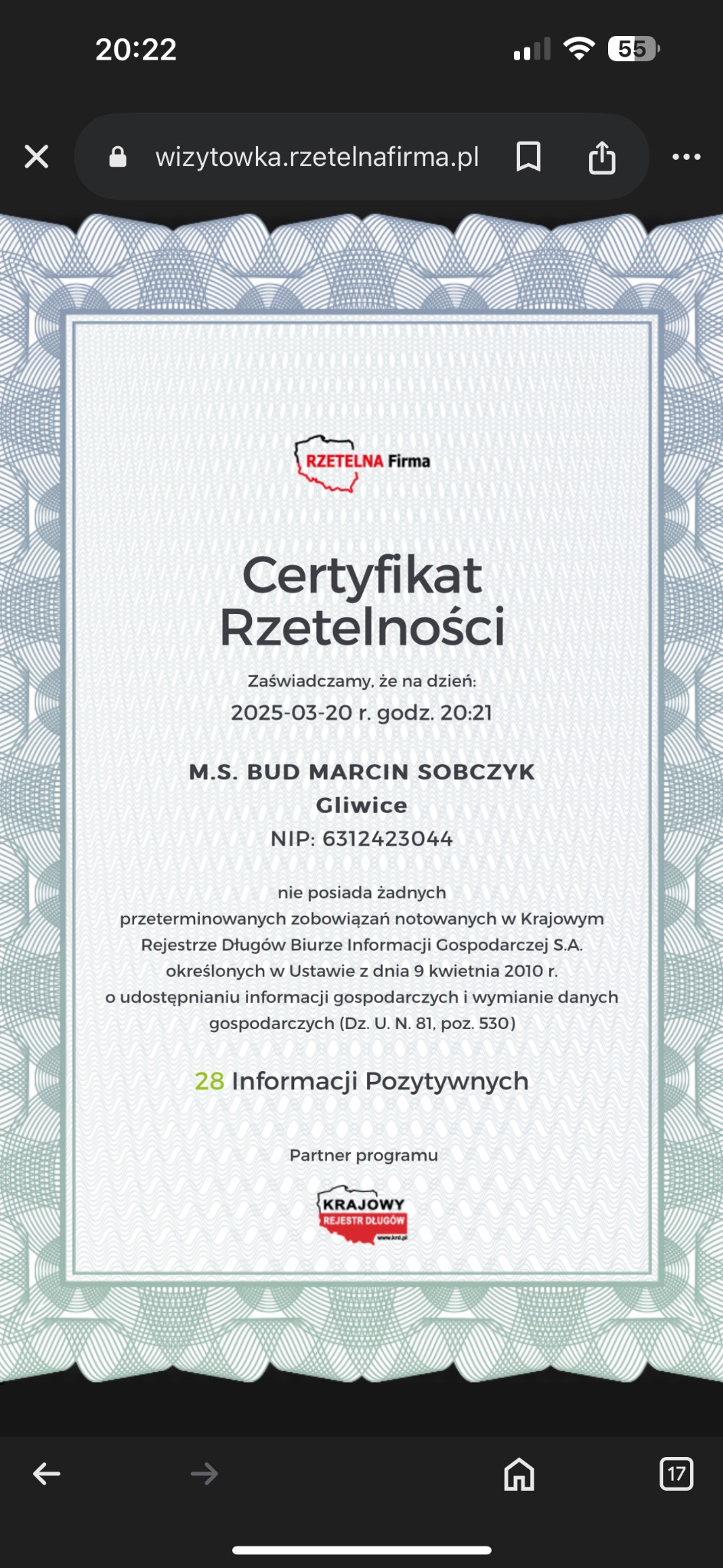 Certyfikat Rzetelności firmy M.S. BUD MARCIN SOBCZYK z Gliwic, zaświadczający o braku przeterminowanych zobowiązań, wydany przez Krajowy Rejestr Długów