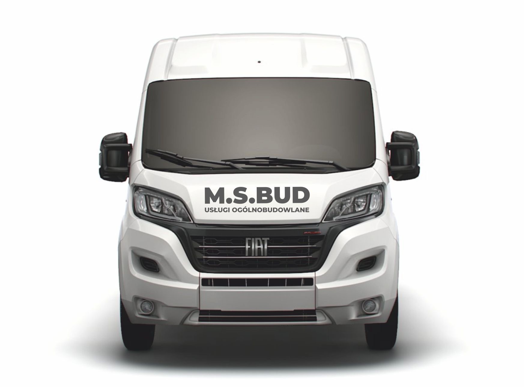 Biały samochód dostawczy Fiat z logo firmy M.S.BUD Usługi Ogólnobudowlane na masce, widok z przodu na białym tle.
