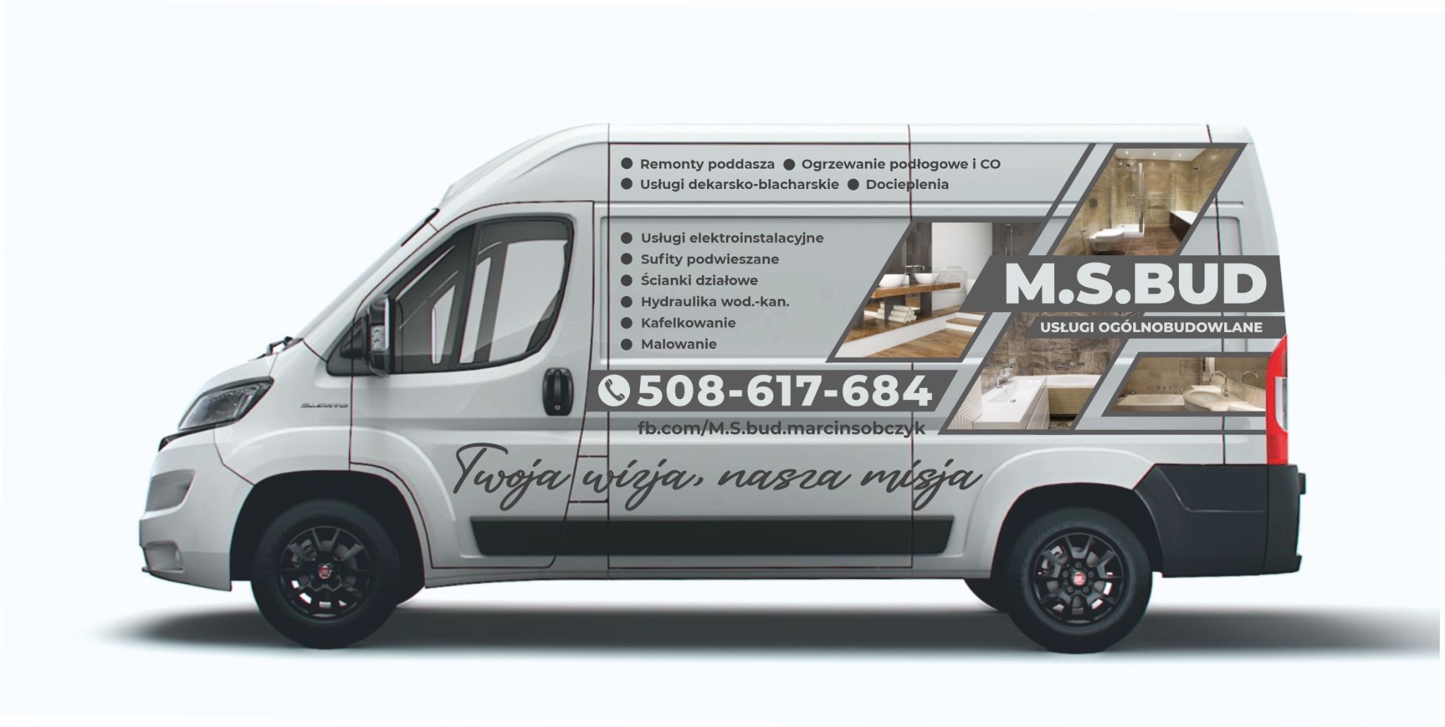Biały van z grafiką prezentującą usługi ogólnobudowlane M.S.BUD, w tym remonty poddasza, instalacje, sufity, hydraulikę, kafelkowanie i malowanie. Numer telefonu i adres FB.