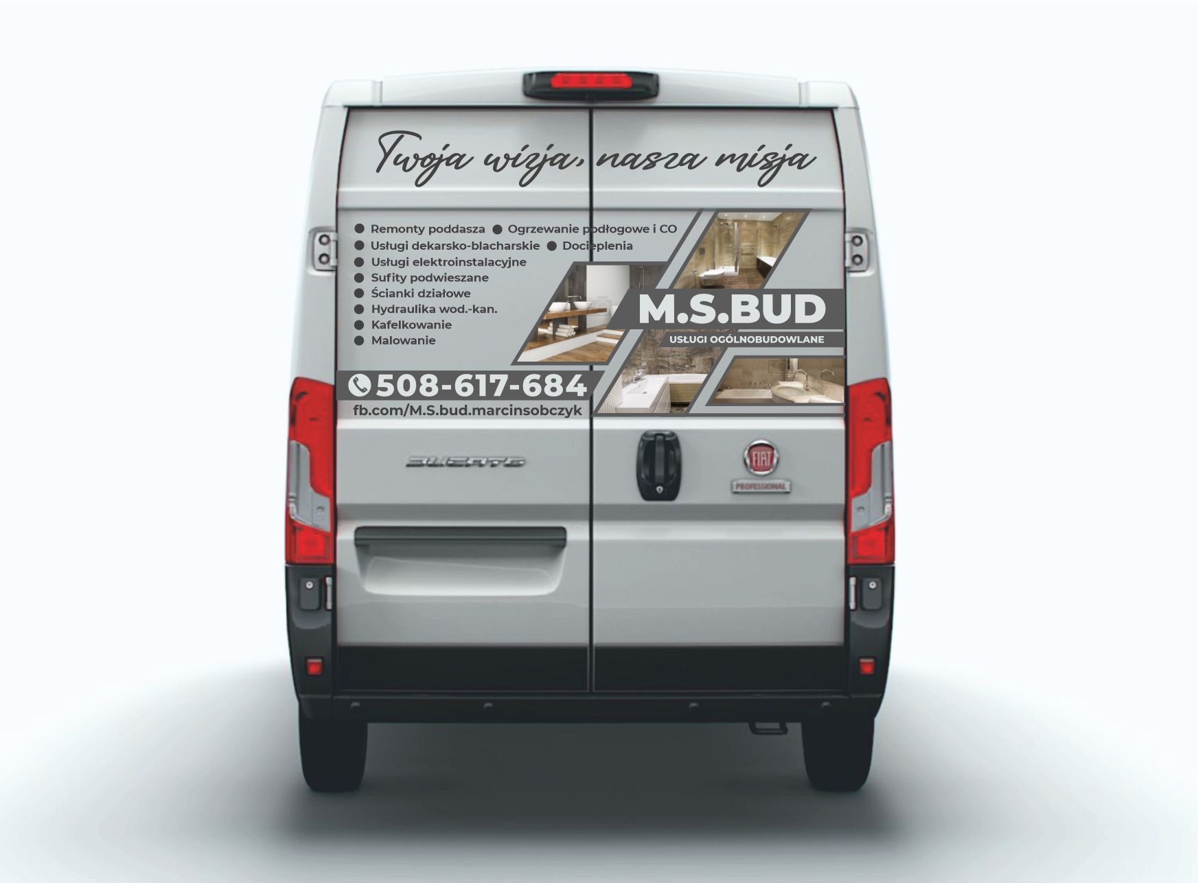 Tył białego samochodu dostawczego z reklamą usług remontowych M.S.BUD. Widoczne zdjęcia łazienek, numer telefonu i lista usług, m.in. kafelkowanie i malowanie.