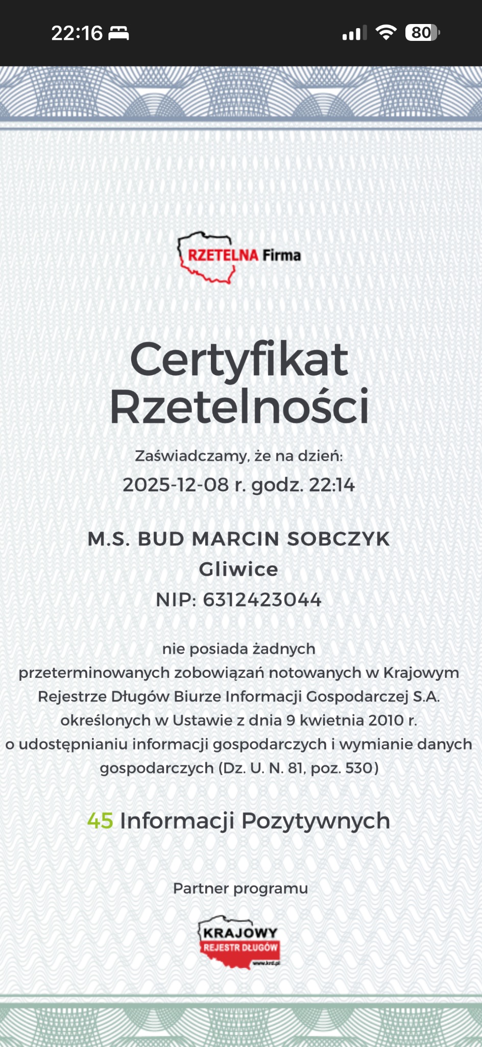 Certyfikat Rzetelności dla M.S. BUD Marcin Sobczyk z Gliwic, potwierdzający brak przeterminowanych zobowiązań w Krajowym Rejestrze Długów. Partner programu KRD.
