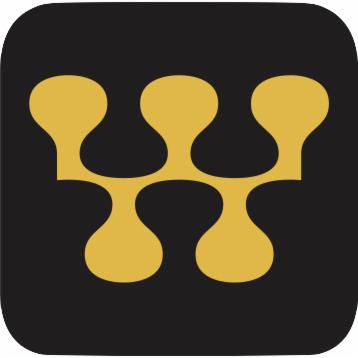 Złoty abstrakcyjny symbol przypominający połączone krople, umieszczony na czarnym kwadracie z zaokrąglonymi rogami.