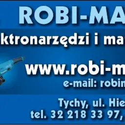 Wizytówka firmy F.H.U. ROBI-MAJSTER z Tychów, oferującej serwis elektronarzędzi i małego AGD, z adresem strony internetowej, adresem e-mail oraz numerami telefonów kontaktowych, obok logo...