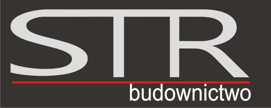 Logo firmy STR budownictwo z szarymi literami STR nad czerwoną linią i napisem budownictwo na ciemnoszarym tle.