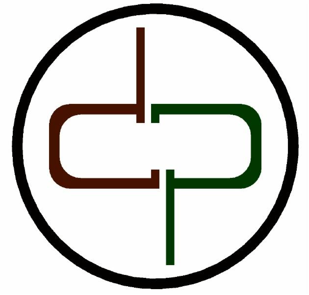 Abstrakcyjne logo firmy w okręgu, z brązową literą 'C' po lewej i zieloną literą 'P' po prawej, połączone pionowymi liniami.