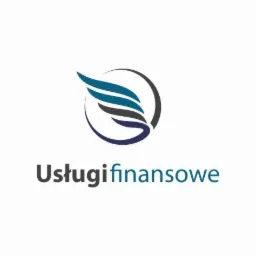 Logo firmy Usługi Finansowe z symbolem stylizowanego skrzydła w odcieniach niebieskiego i szarości, otoczonego ciemnoszarą obwódką na białym tle.
