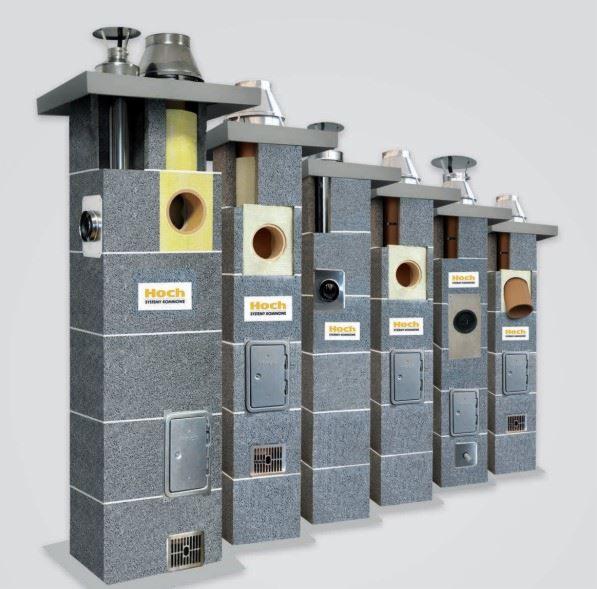 Przekrój przez systemy kominowe z szarych bloczków, z widoczną izolacją i elementami wykończeniowymi, prezentacja producenta Hoch.