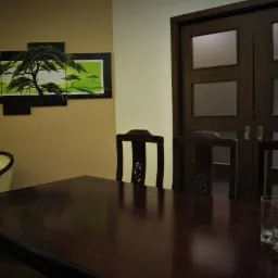 Sala konferencyjna z ciemnym drewnianym stołem, krzesłami z ażurowymi oparciami, obrazem drzew na ścianie i szklanymi drzwiami w tle.