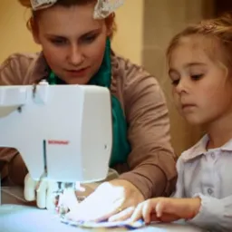 Kobieta w koronkowej opasce uczy dziewczynkę szyć na maszynie Bernina, skupiając się na precyzyjnym prowadzeniu materiału pod igłą.