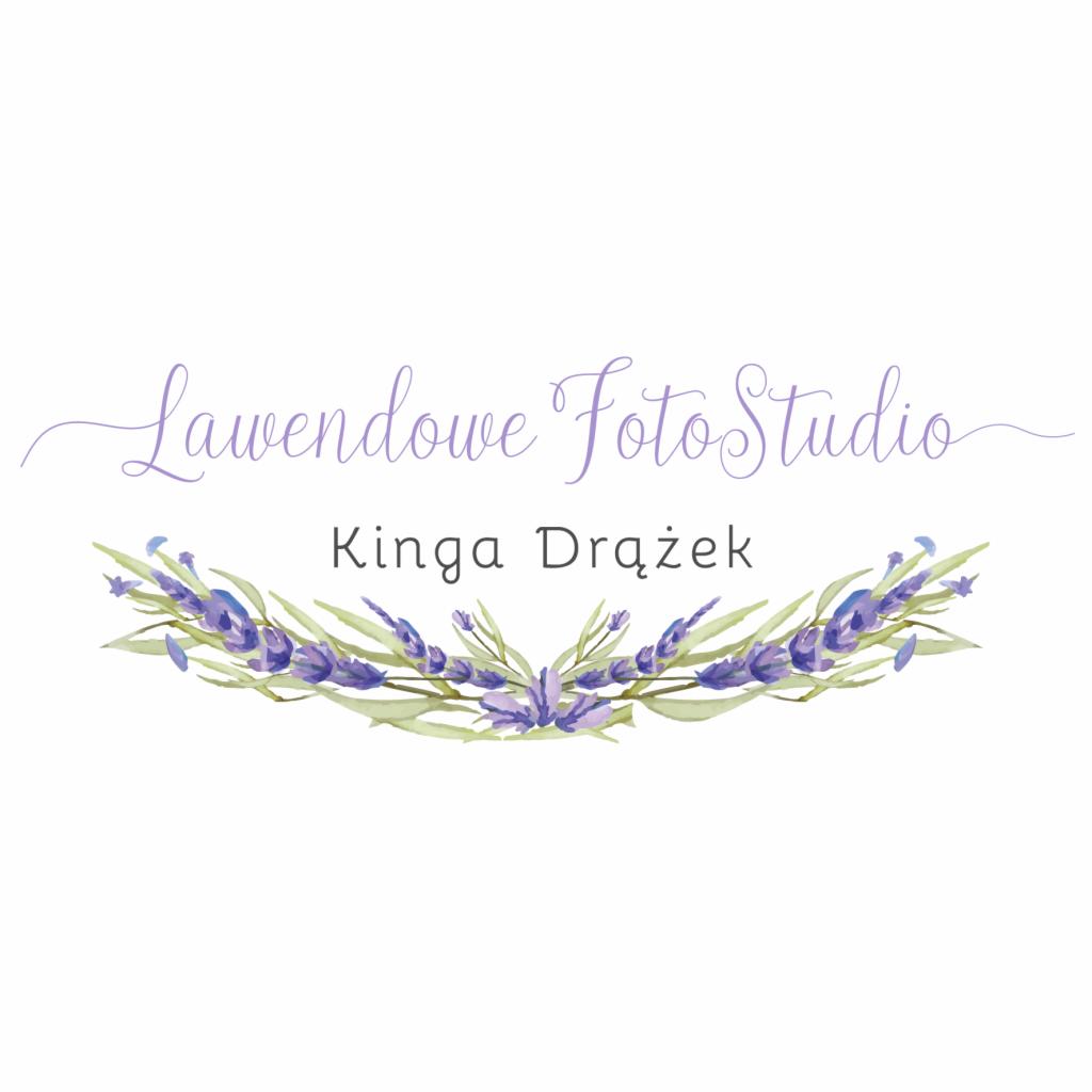 Logo studia fotograficznego: Lawendowe Foto Studio Kinga Drążek, z akwarelową grafiką lawendy.