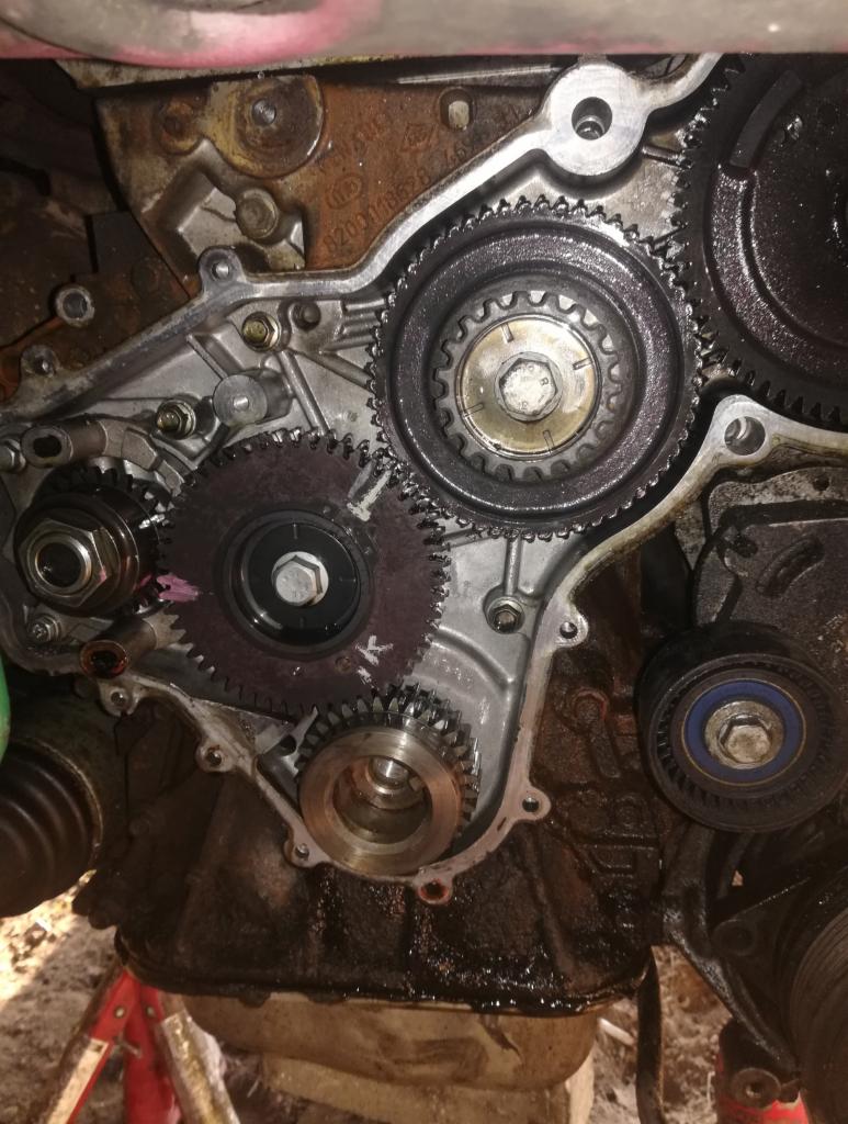 Silnik samochodowy z odsłoniętym mechanizmem rozrządu, widoczne koła zębate i ślady oleju, element naprawiany na czerwonym podnośniku.