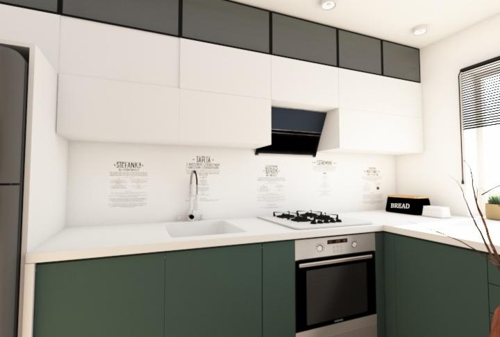 Nowoczesna kuchnia z zielonymi szafkami dolnymi i białymi górnymi, minimalistyczny design, backsplash z napisami, czarny okap i piekarnik ze stali nierdzewnej.