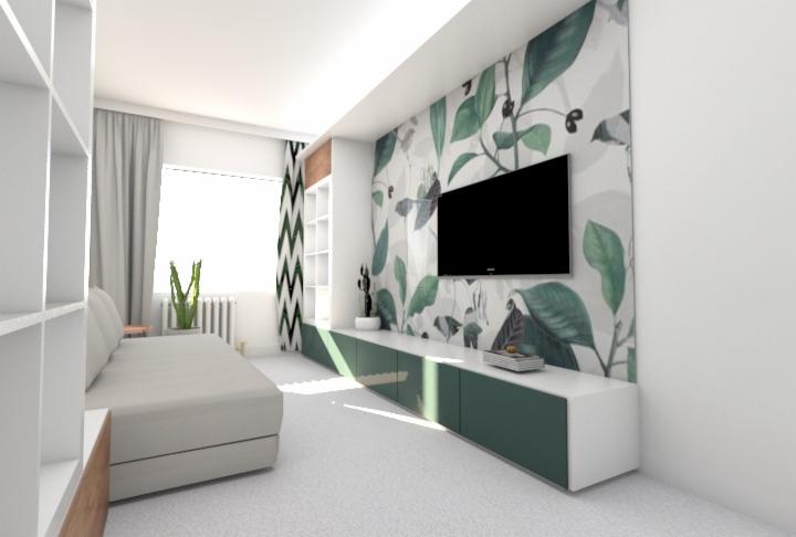 Wizualizacja salonu z sofą, szafką RTV w kolorze zieleni i tapetą w motywy roślinne, telewizor na ścianie.