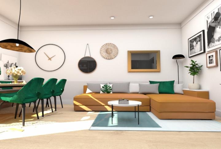 Wizualizacja salonu z jadalnią: brązowy narożnik, zielone krzesła welurowe, okrągły stół, dekoracje ścienne - zegar, lustro, grafiki w czarnych ramach.