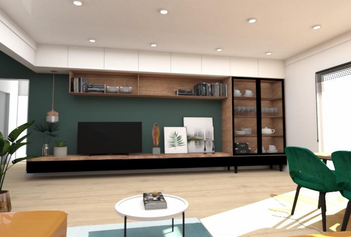 Wizualizacja salonu z zieloną ścianą, drewnianymi półkami i szafką, telewizorem, dekoracjami i okrągłym stolikiem kawowym z książkami.
