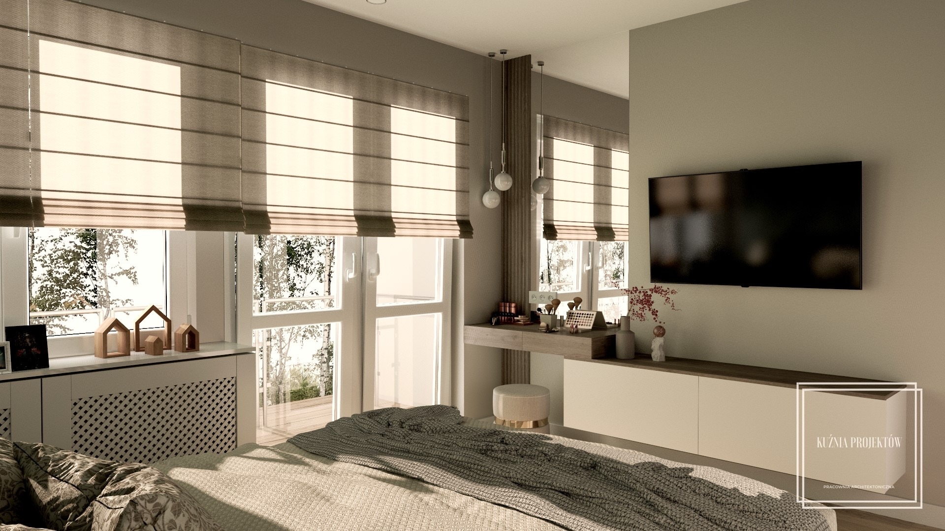 Wizualizacja sypialni z łóżkiem z szarą narzutą, toaletką z oświetleniem, telewizorem na ścianie i oknami z roletami rzymskimi.