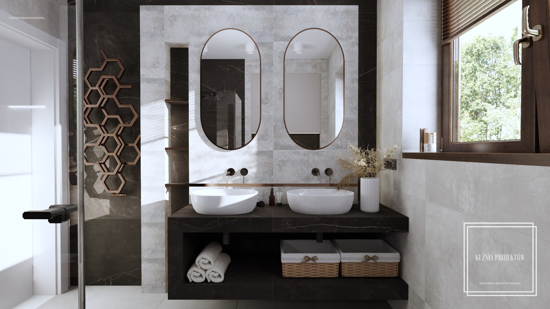 Nowoczesna łazienka z dwoma owalnymi lustrami, umywalkami nablatowymi, grzejnikiem w kształcie plastra miodu, czarnym blatem i oknem z drewnianymi żaluzjami.