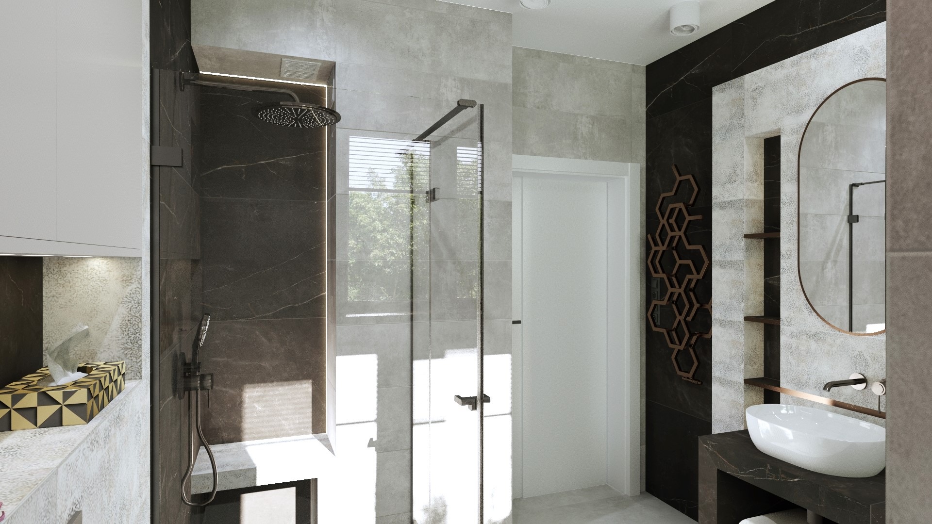 Nowoczesna łazienka z kabiną prysznicową typu walk-in, czarną armaturą, marmurowymi płytkami i owalnym lustrem z miedzianą ramą, uzupełniona geometrycznym grzejnikiem dekoracyjnym.