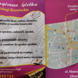 Ulotka reklamowa firmy krawieckiej z Olsztyna, oferującej szycie firan, zasłon, obrusów, przeróbki odzieży, skracanie, zwężanie, wszywanie zamków, szycie toreb podróżnych oraz prasowanie, z mapką...