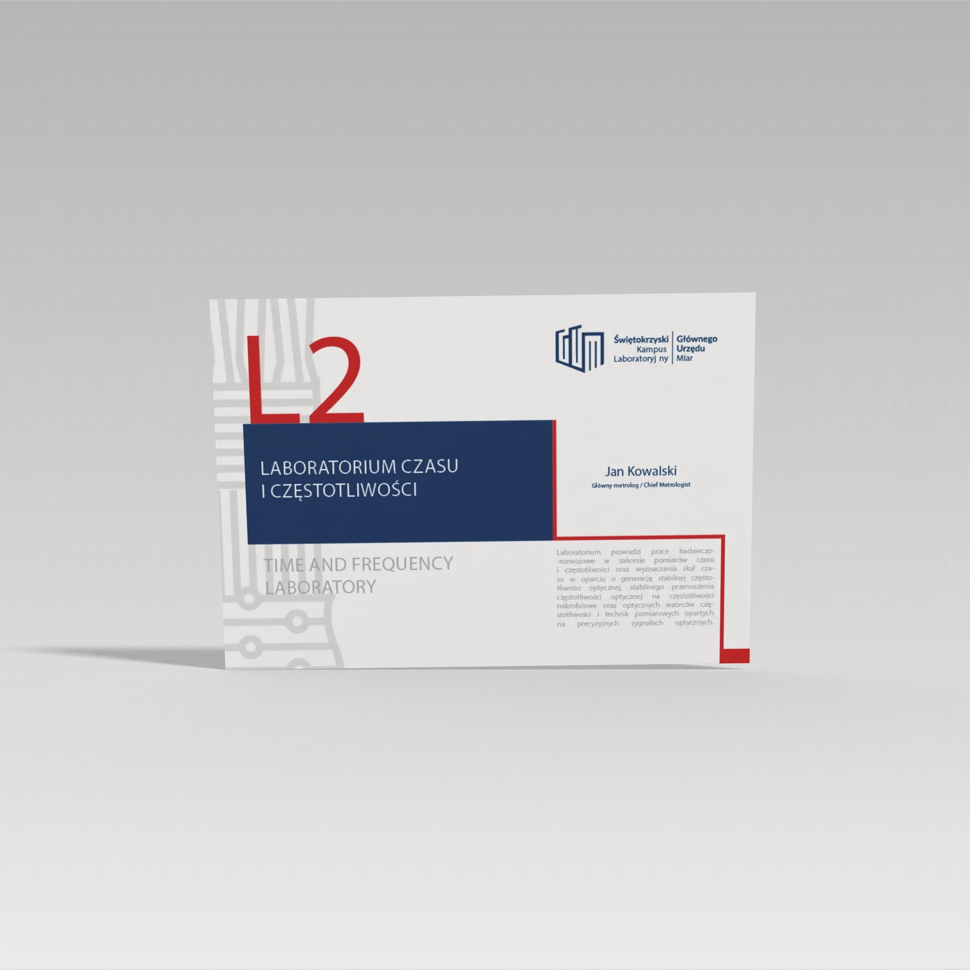Projekt graficzny wizytówki Laboratorium Czasu i Częstotliwości z logotypem Świętokrzyskiego Kampusu Laboratoryjnego i danymi kontaktowymi Jana Kowalskiego, Głównego Metrologa.