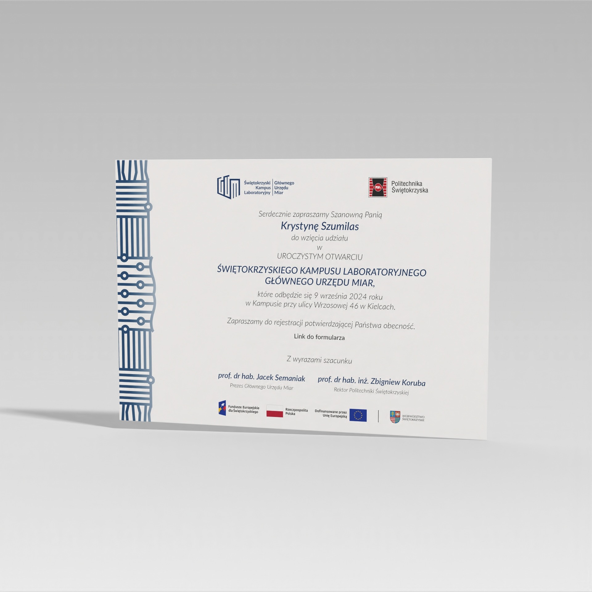 Zaproszenie na uroczyste otwarcie Świętokrzyskiego Kampusu Laboratoryjnego Głównego Urzędu Miar, z logotypami instytucji i informacjami o wydarzeniu.