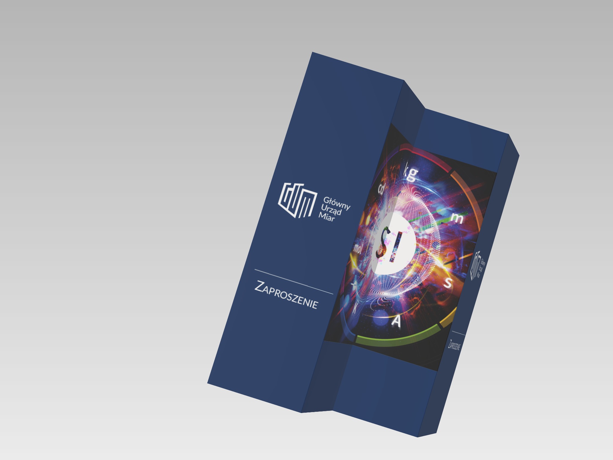 Zaproszenie od Głównego Urzędu Miar, okładka z grafiką przedstawiającą jednostki miar w kosmicznej stylistyce.