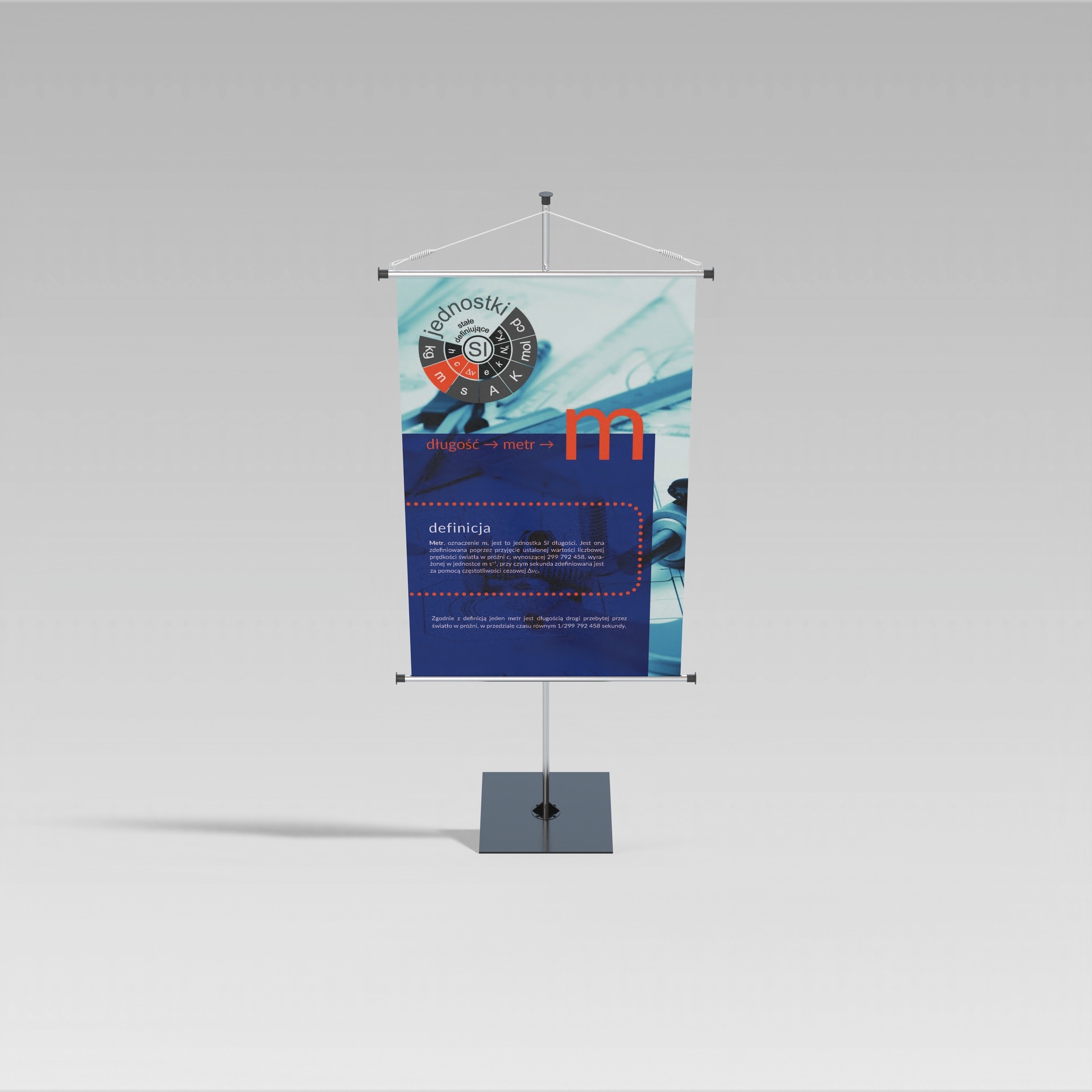 Roll-up z infografiką dotyczącą definicji metra w systemie SI, prezentujący jednostkę długości oraz jej powiązanie z prędkością światła w próżni.