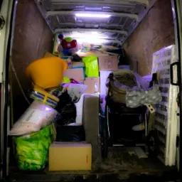 Wnętrze białego busa załadowane kartonami, meblami i w&oacute;zkiem dziecięcym, oświetlone g&oacute;rnym światłem, widok z tyłu pojazdu.