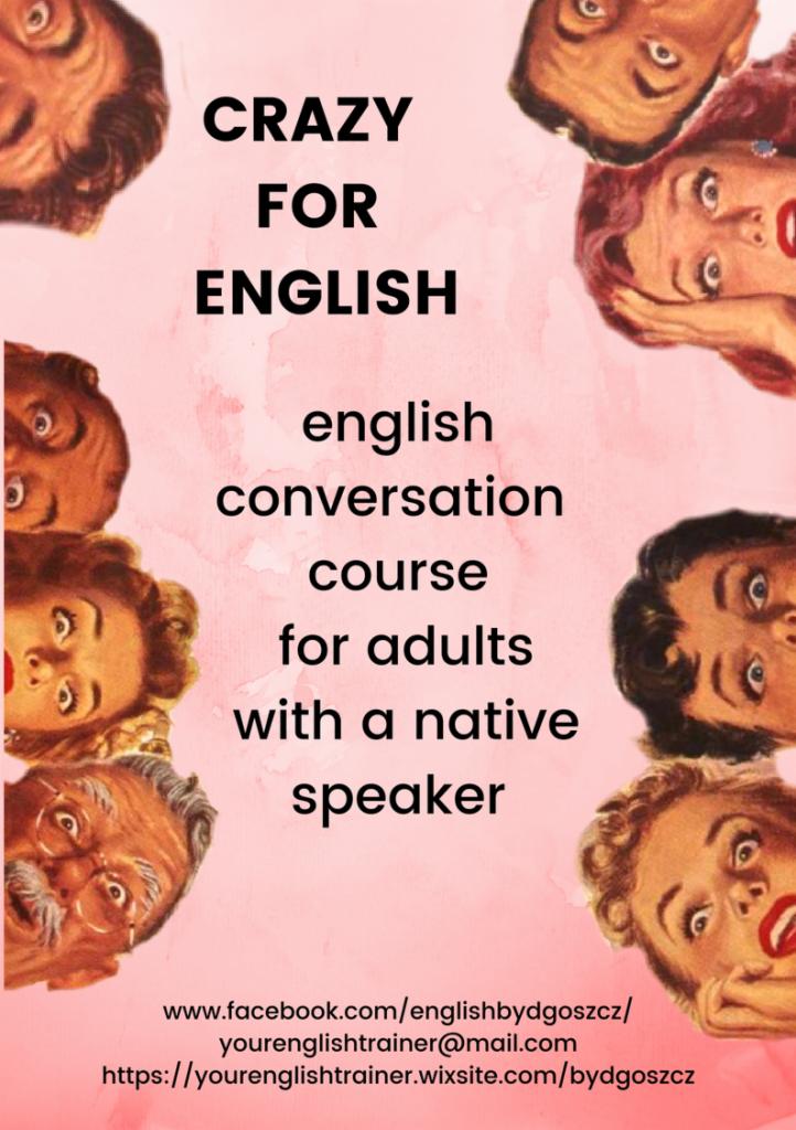 Retro-stylizowany plakat reklamujący kurs konwersacji w języku angielskim dla dorosłych z native speakerem, otoczony kolażem twarzy w stylu vintage na rozmytym, różowym tle.