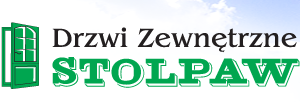 Grafika z zielonym logo firmy Stolpaw, prezentująca stylizowany rysunek otwartych drzwi obok napisu 'Drzwi Zewnętrzne'.
