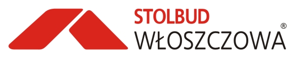 Logo firmy Stolbud Włoszczowa z czerwonym symbolem dachu i nazwą firmy w kolorach czerwonym i czarnym.